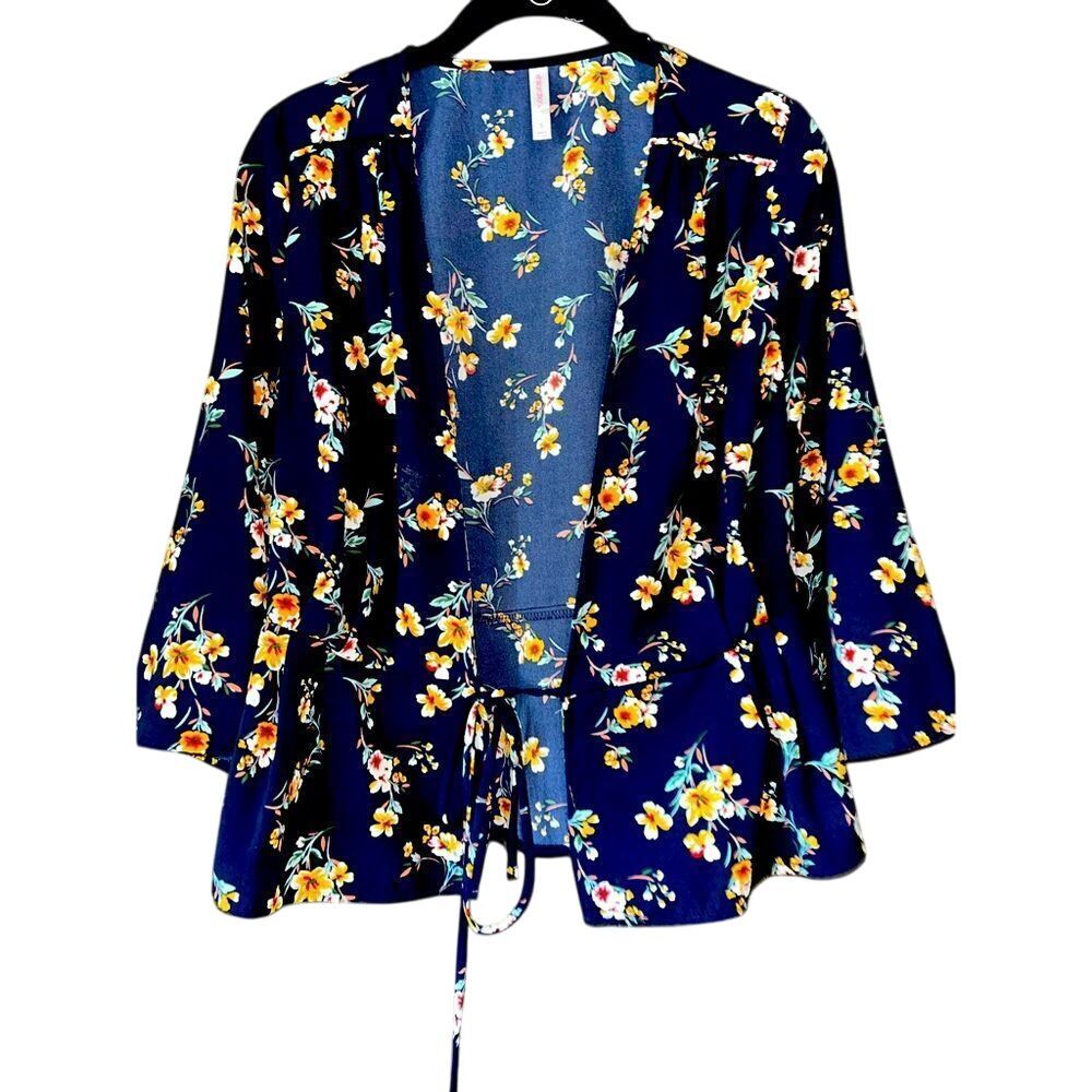 Xhilaration Navy Floral Bell Sleeve Open Front Cardigan Summer Kimono A6